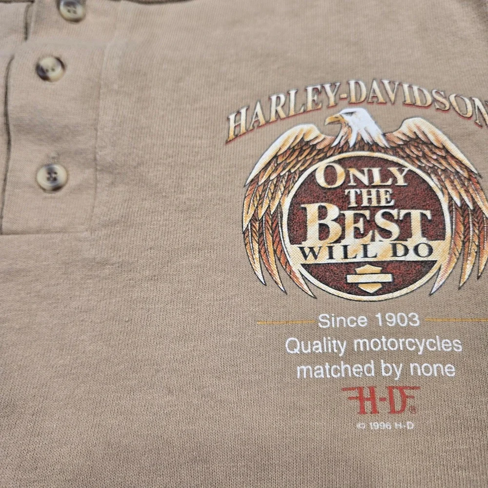 VTG Harley Davidson Henley Mens XXL Tan Graphic Eagle Long Sleeve USA Made 90s - Picture 2 of 10
